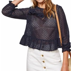 Miss Selfridges Navy Blue Eyelet Ruffle Trim Top